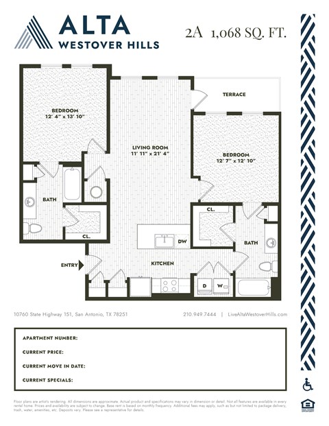 A floor plan for a 2A 1,068 SQ. FT. Alta Westover Hills apartment.